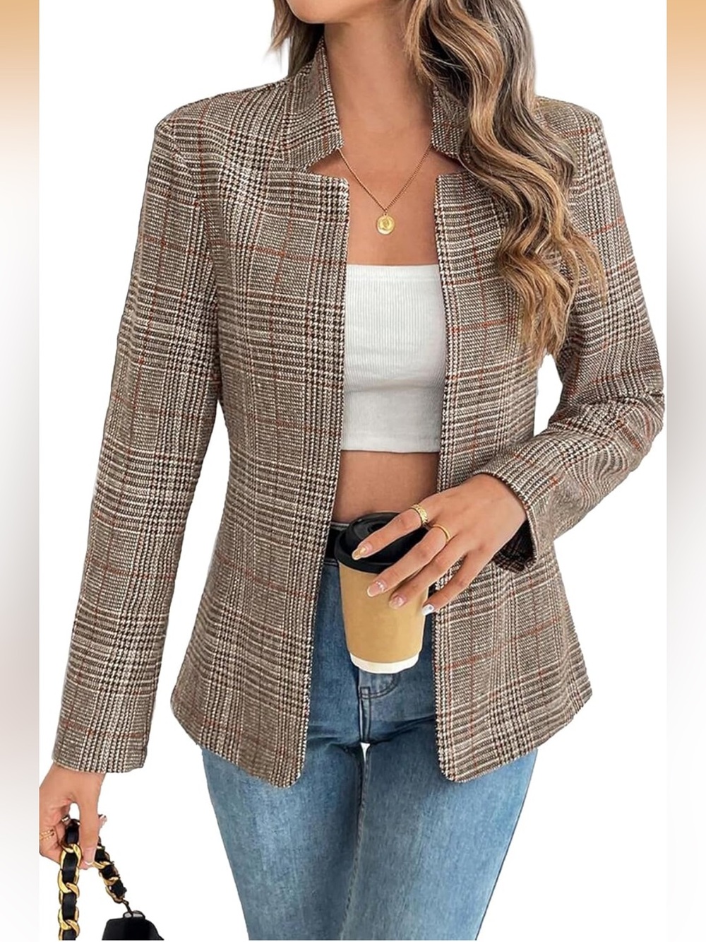 ELLEVEN Plaid Blazer Open Front Stand Collar Houndstooth Suit Jacket Work Casual